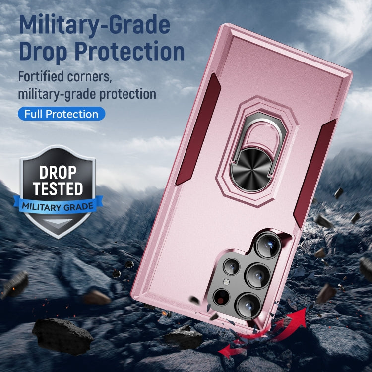 For Samsung Galaxy S24 Ultra 5G Pioneer Armor Heavy Duty PC Hybrid TPU Phone Case with Holder(Pink+Rose Red) - HoMEdemic™ 