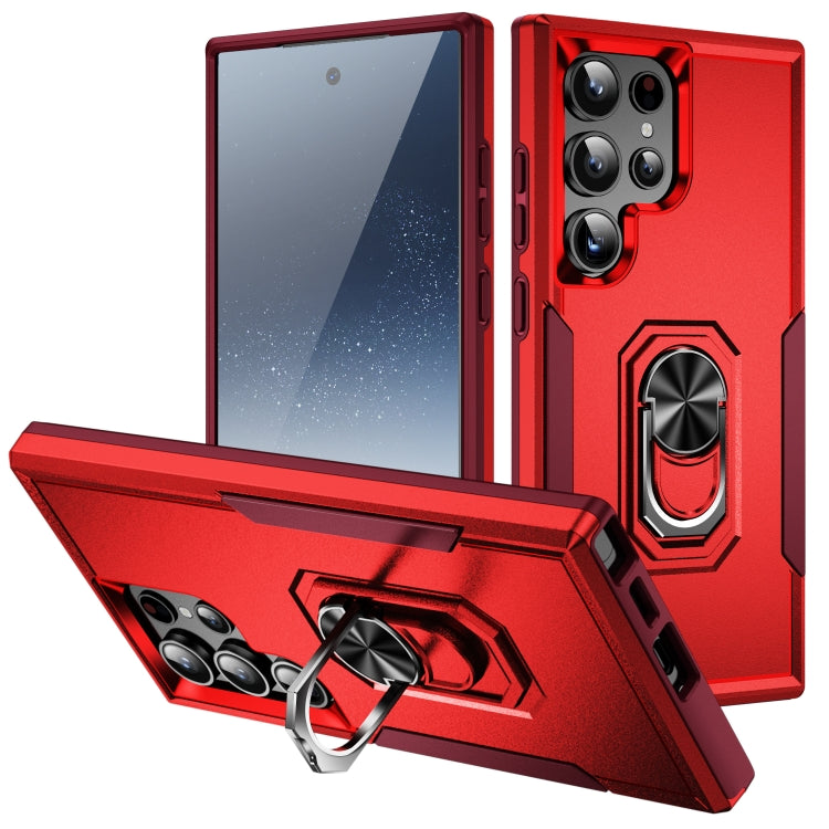 For Samsung Galaxy S24 Ultra 5G Pioneer Armor Heavy Duty PC Hybrid TPU Phone Case with Holder(Red+Rose Red) - HoMEdemic™ 