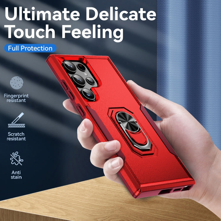 For Samsung Galaxy S24 Ultra 5G Pioneer Armor Heavy Duty PC Hybrid TPU Phone Case with Holder(Red+Rose Red) - HoMEdemic™ 