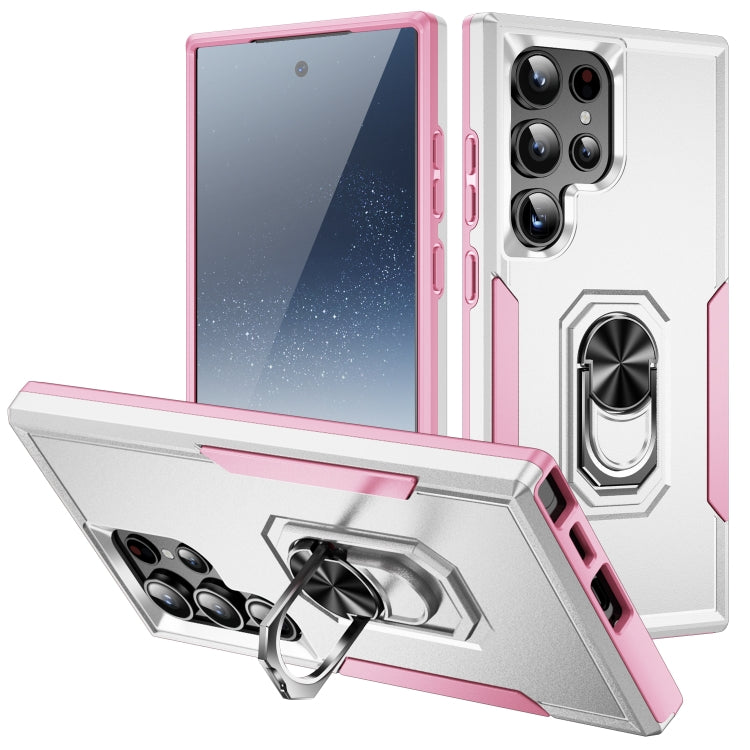 For Samsung Galaxy S24 Ultra 5G Pioneer Armor Heavy Duty PC Hybrid TPU Phone Case with Holder(White+Pink) - HoMEdemic™ 