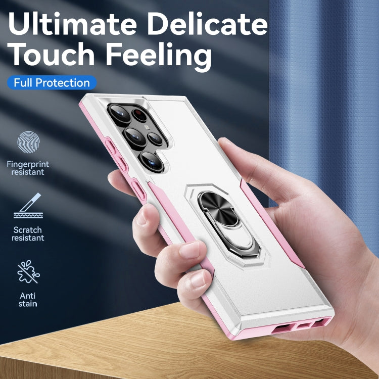 For Samsung Galaxy S24 Ultra 5G Pioneer Armor Heavy Duty PC Hybrid TPU Phone Case with Holder(White+Pink) - HoMEdemic™ 