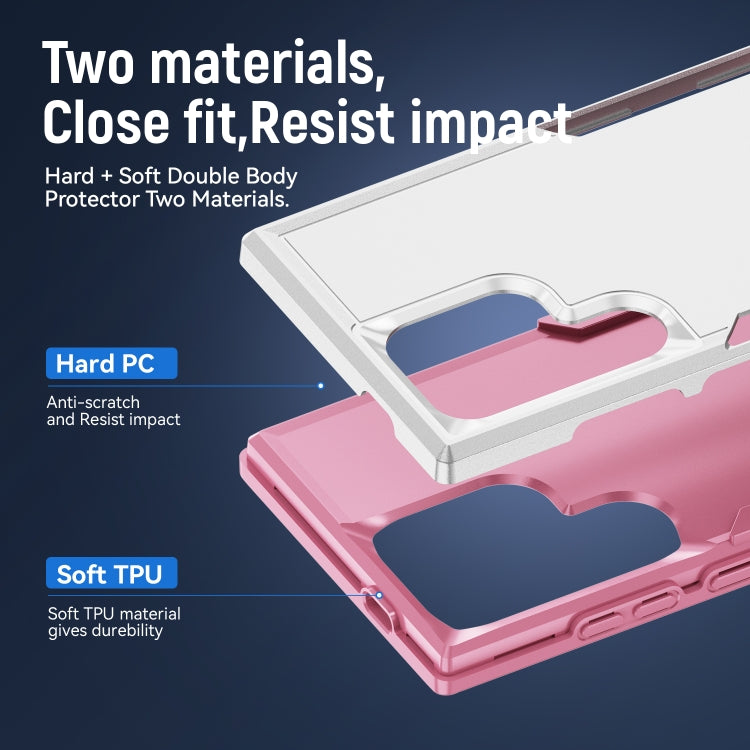 For Samsung Galaxy S24 Ultra 5G Pioneer Armor Heavy Duty PC Hybrid TPU Phone Case with Holder(White+Pink) - HoMEdemic™ 