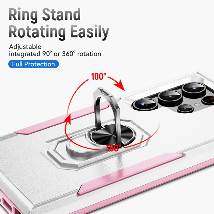 For Samsung Galaxy S24 Ultra 5G Pioneer Armor Heavy Duty PC Hybrid TPU Phone Case with Holder(White+Pink) - HoMEdemic™ 