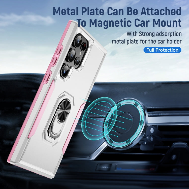 For Samsung Galaxy S24 Ultra 5G Pioneer Armor Heavy Duty PC Hybrid TPU Phone Case with Holder(White+Pink) - HoMEdemic™ 