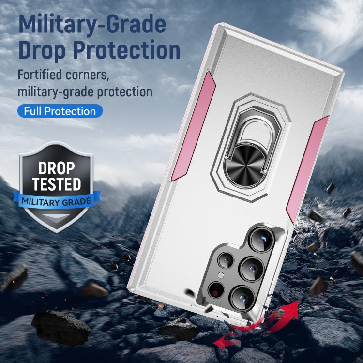 For Samsung Galaxy S24 Ultra 5G Pioneer Armor Heavy Duty PC Hybrid TPU Phone Case with Holder(White+Pink) - HoMEdemic™ 