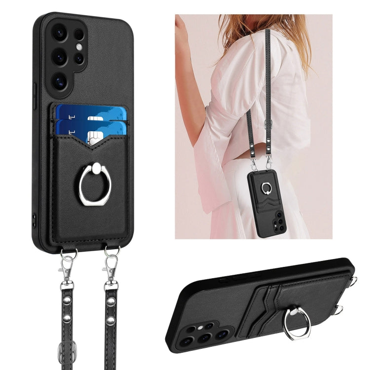 For Samsung Galaxy S24 Ultra 5G R20 Crossbody Rope Ring Card Holder Phone Case(Black) - HoMEdemic™ 