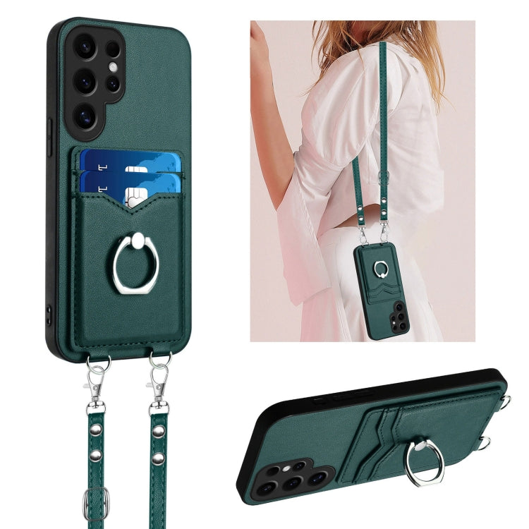 For Samsung Galaxy S24 Ultra 5G R20 Crossbody Rope Ring Card Holder Phone Case(Green) - HoMEdemic™ 