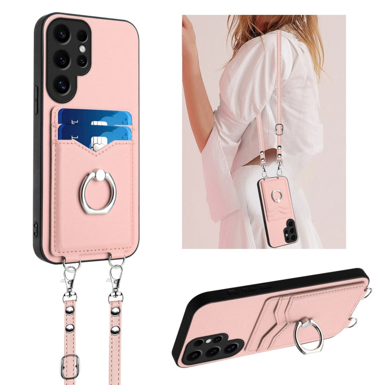 For Samsung Galaxy S24 Ultra 5G R20 Crossbody Rope Ring Card Holder Phone Case(Pink) - HoMEdemic™ 