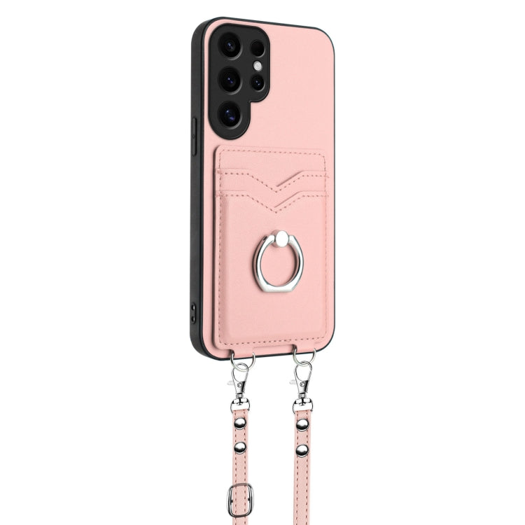 For Samsung Galaxy S24 Ultra 5G R20 Crossbody Rope Ring Card Holder Phone Case(Pink) - HoMEdemic™ 