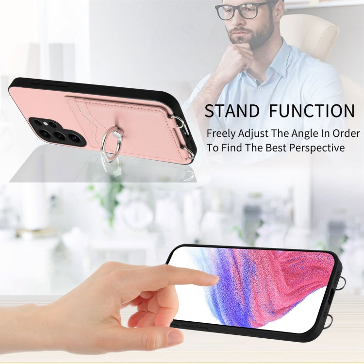 For Samsung Galaxy S24 Ultra 5G R20 Crossbody Rope Ring Card Holder Phone Case(Pink) - HoMEdemic™ 