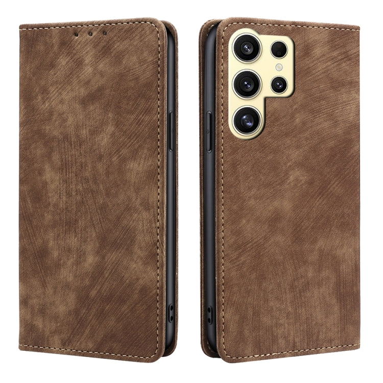 For Samsung Galaxy S24 Ultra 5G RFID Anti-theft Brush Magnetic Leather Phone Case(Brown) - HoMEdemic™ 