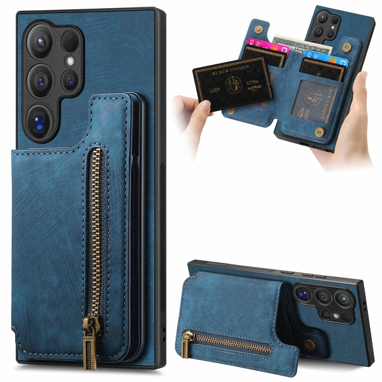 For Samsung Galaxy S24 Ultra 5G Retro Leather Zipper Wallet Back Phone Case(Blue) - HoMEdemic™ 