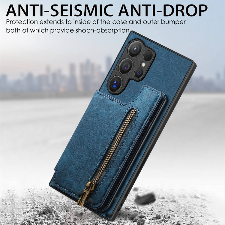 For Samsung Galaxy S24 Ultra 5G Retro Leather Zipper Wallet Back Phone Case(Blue) - HoMEdemic™ 