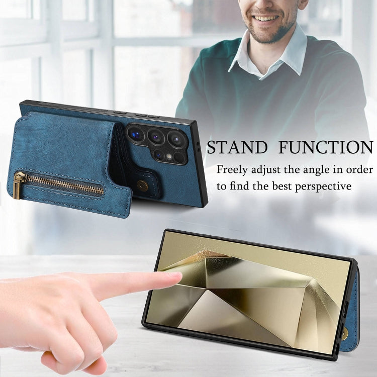 For Samsung Galaxy S24 Ultra 5G Retro Leather Zipper Wallet Back Phone Case(Blue) - HoMEdemic™ 