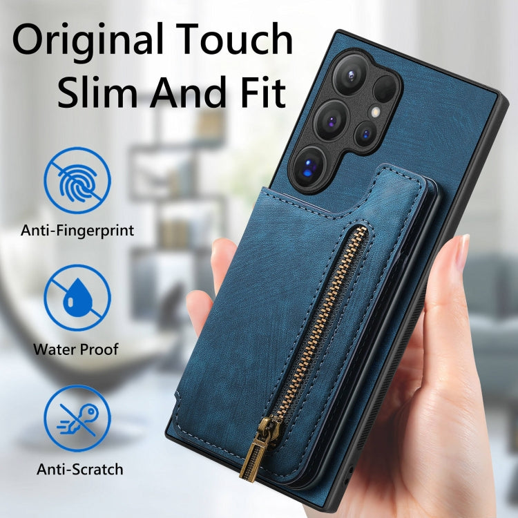 For Samsung Galaxy S24 Ultra 5G Retro Leather Zipper Wallet Back Phone Case(Blue) - HoMEdemic™ 