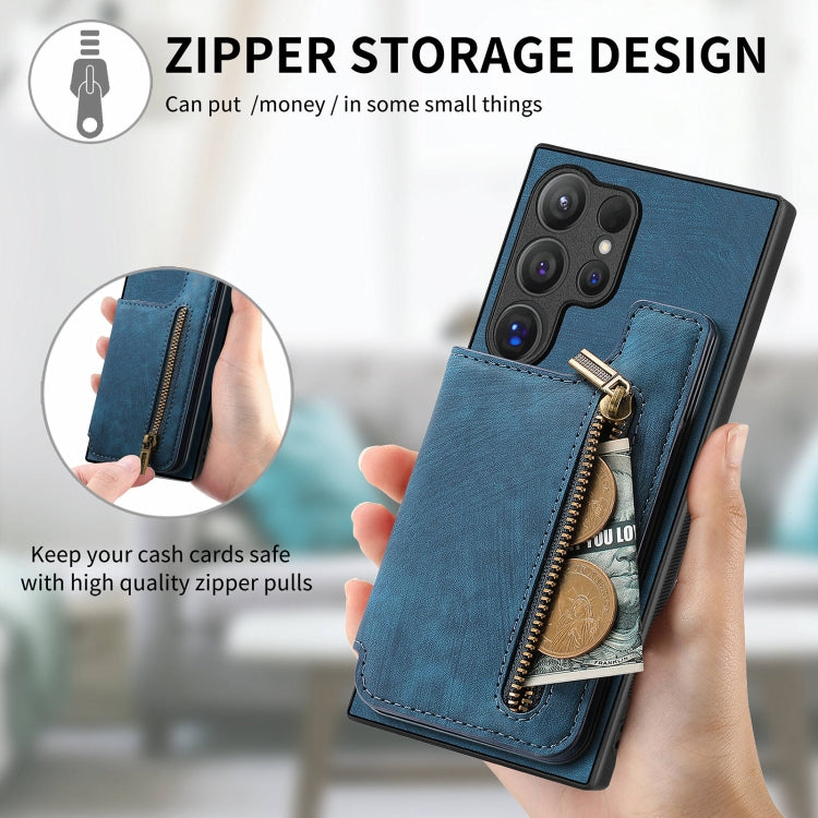 For Samsung Galaxy S24 Ultra 5G Retro Leather Zipper Wallet Back Phone Case(Blue) - HoMEdemic™ 