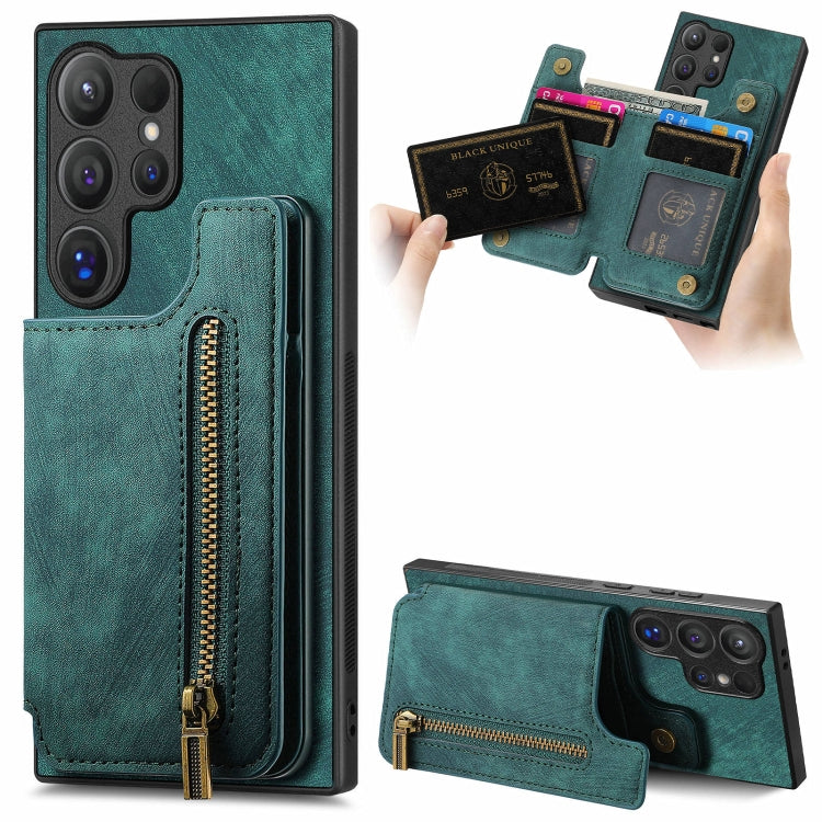For Samsung Galaxy S24 Ultra 5G Retro Leather Zipper Wallet Back Phone Case(Green) - HoMEdemic™ 