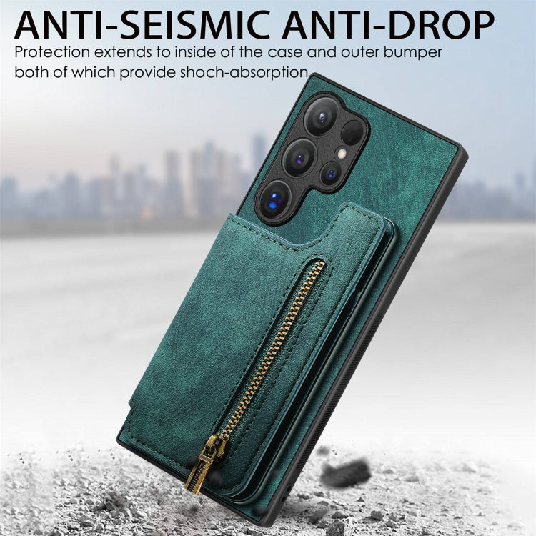 For Samsung Galaxy S24 Ultra 5G Retro Leather Zipper Wallet Back Phone Case(Green) - HoMEdemic™ 