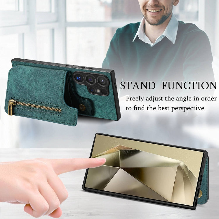 For Samsung Galaxy S24 Ultra 5G Retro Leather Zipper Wallet Back Phone Case(Green) - HoMEdemic™ 