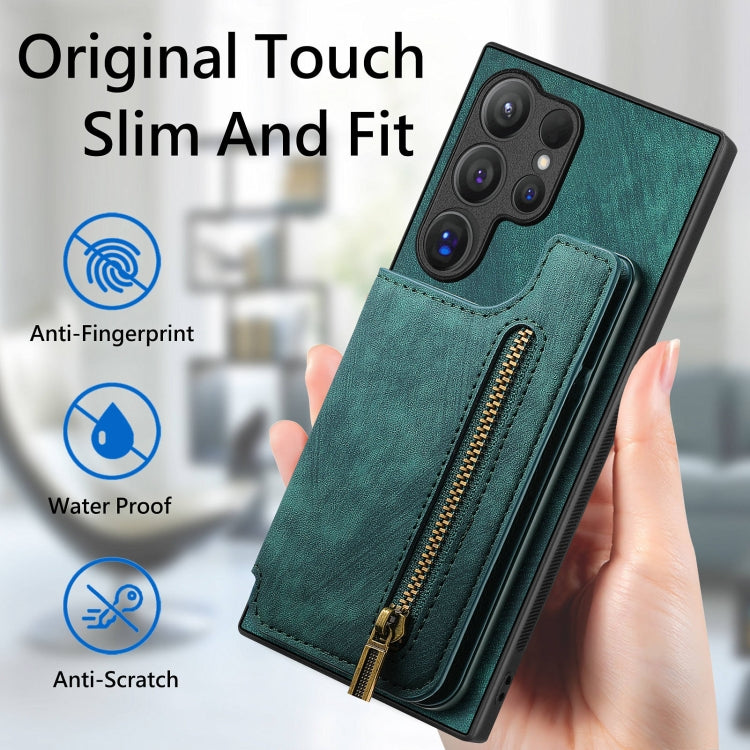 For Samsung Galaxy S24 Ultra 5G Retro Leather Zipper Wallet Back Phone Case(Green) - HoMEdemic™ 
