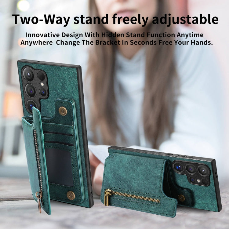 For Samsung Galaxy S24 Ultra 5G Retro Leather Zipper Wallet Back Phone Case(Green) - HoMEdemic™ 