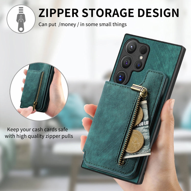 For Samsung Galaxy S24 Ultra 5G Retro Leather Zipper Wallet Back Phone Case(Green) - HoMEdemic™ 