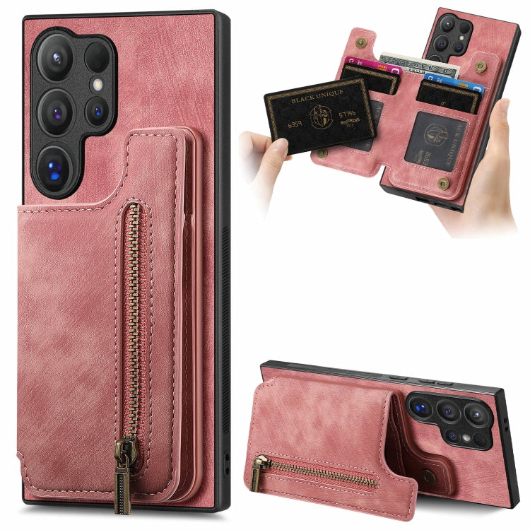 For Samsung Galaxy S24 Ultra 5G Retro Leather Zipper Wallet Back Phone Case(Pink) - HoMEdemic™ 