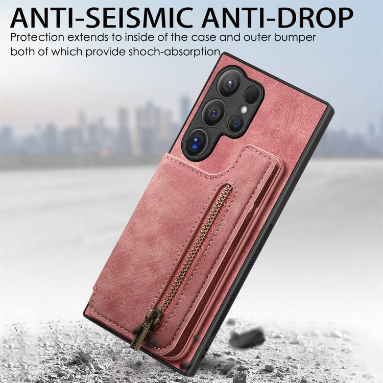 For Samsung Galaxy S24 Ultra 5G Retro Leather Zipper Wallet Back Phone Case(Pink) - HoMEdemic™ 