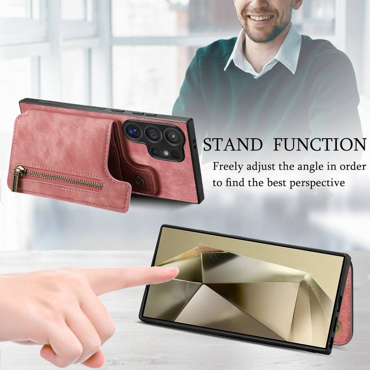 For Samsung Galaxy S24 Ultra 5G Retro Leather Zipper Wallet Back Phone Case(Pink) - HoMEdemic™ 