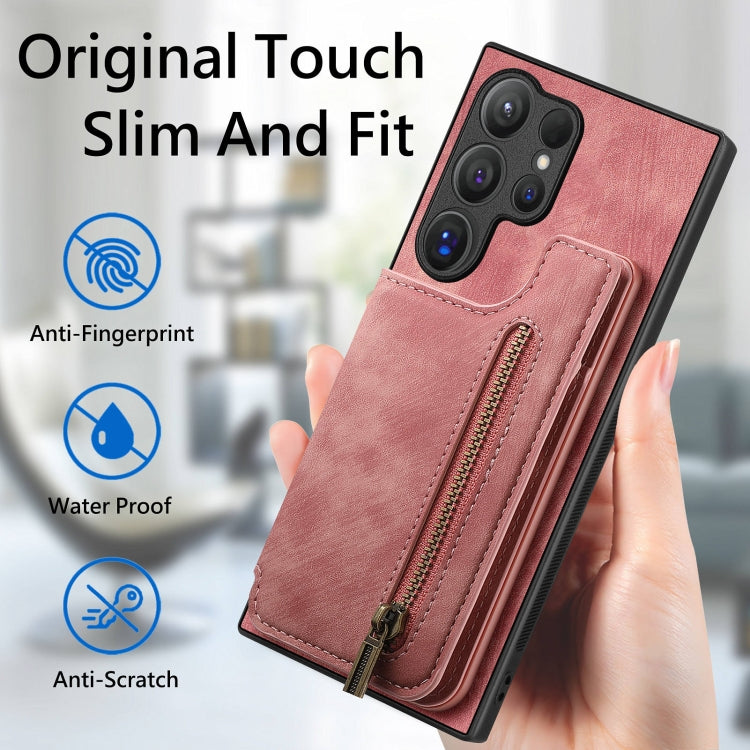 For Samsung Galaxy S24 Ultra 5G Retro Leather Zipper Wallet Back Phone Case(Pink) - HoMEdemic™ 