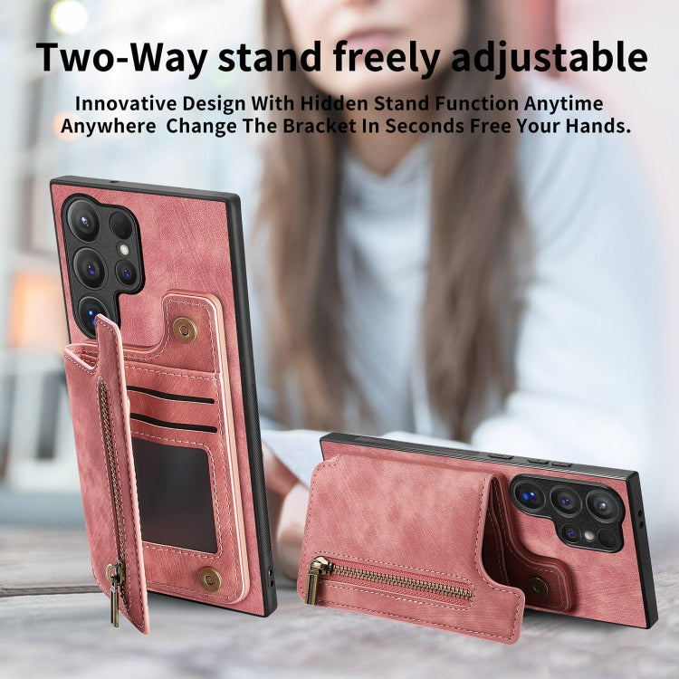 For Samsung Galaxy S24 Ultra 5G Retro Leather Zipper Wallet Back Phone Case(Pink) - HoMEdemic™ 