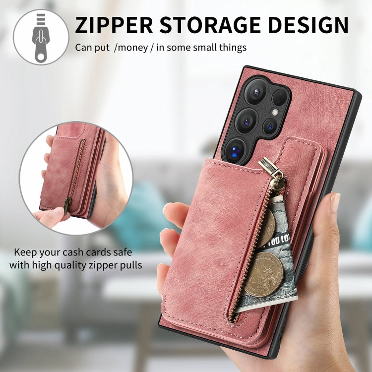 For Samsung Galaxy S24 Ultra 5G Retro Leather Zipper Wallet Back Phone Case(Pink) - HoMEdemic™ 