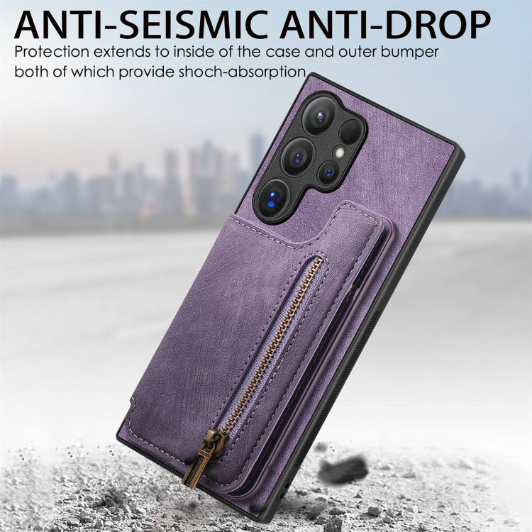 For Samsung Galaxy S24 Ultra 5G Retro Leather Zipper Wallet Back Phone Case(Purple) - HoMEdemic™ 