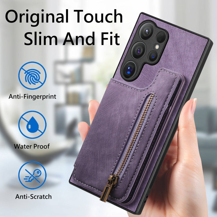 For Samsung Galaxy S24 Ultra 5G Retro Leather Zipper Wallet Back Phone Case(Purple) - HoMEdemic™ 