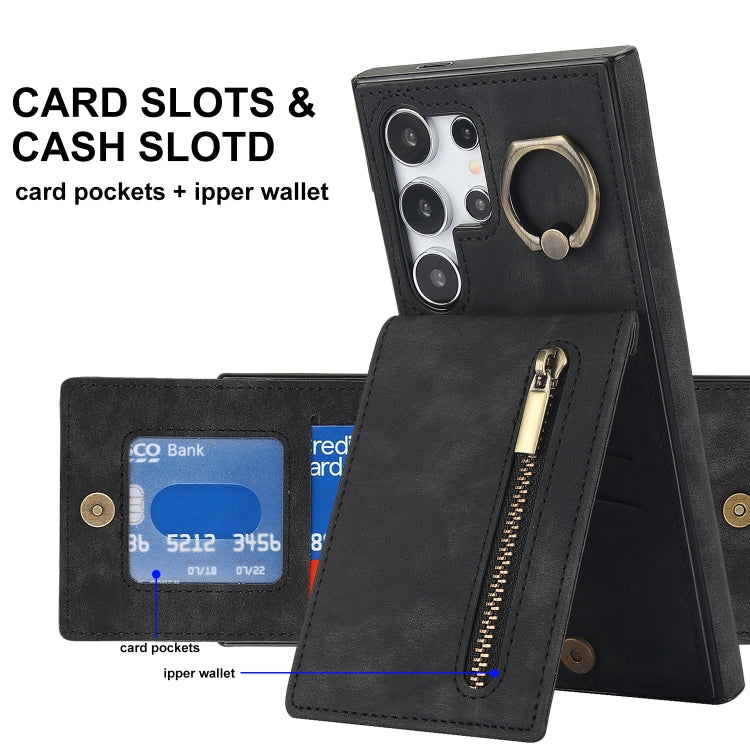 For Samsung Galaxy S24 Ultra 5G Retro Ring and Zipper RFID Card Slot Phone Case(Black) - HoMEdemic™ 