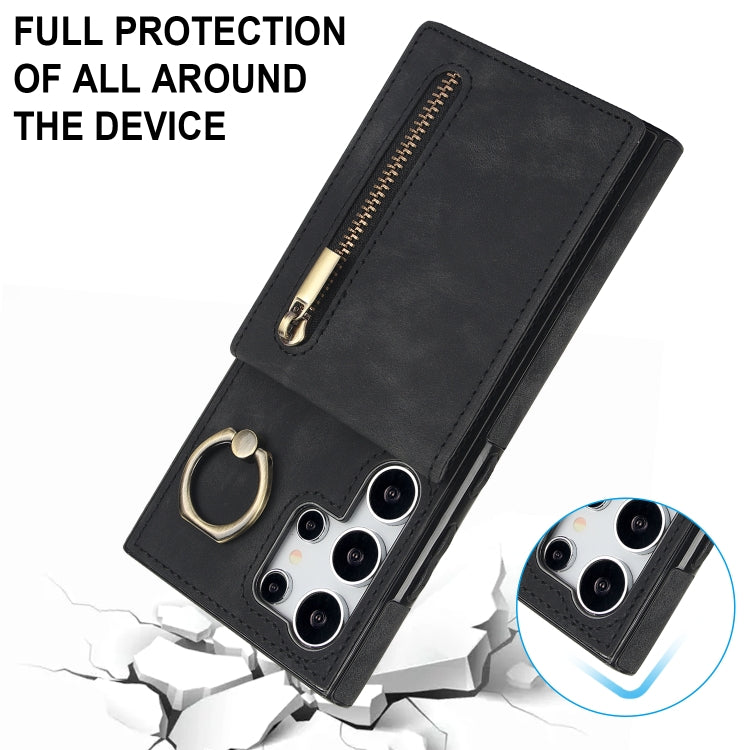 For Samsung Galaxy S24 Ultra 5G Retro Ring and Zipper RFID Card Slot Phone Case(Black) - HoMEdemic™ 