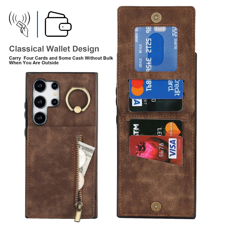 For Samsung Galaxy S24 Ultra 5G Retro Ring and Zipper RFID Card Slot Phone Case(Brown) - HoMEdemic™ 