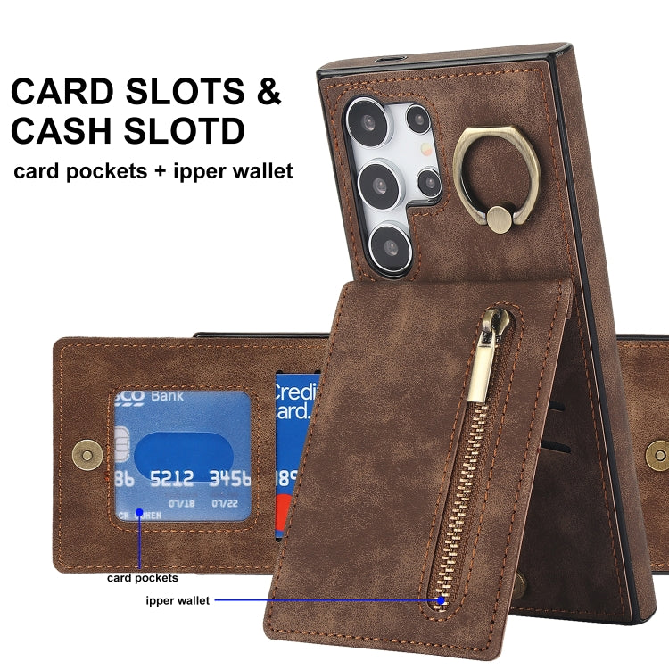 For Samsung Galaxy S24 Ultra 5G Retro Ring and Zipper RFID Card Slot Phone Case(Brown) - HoMEdemic™ 