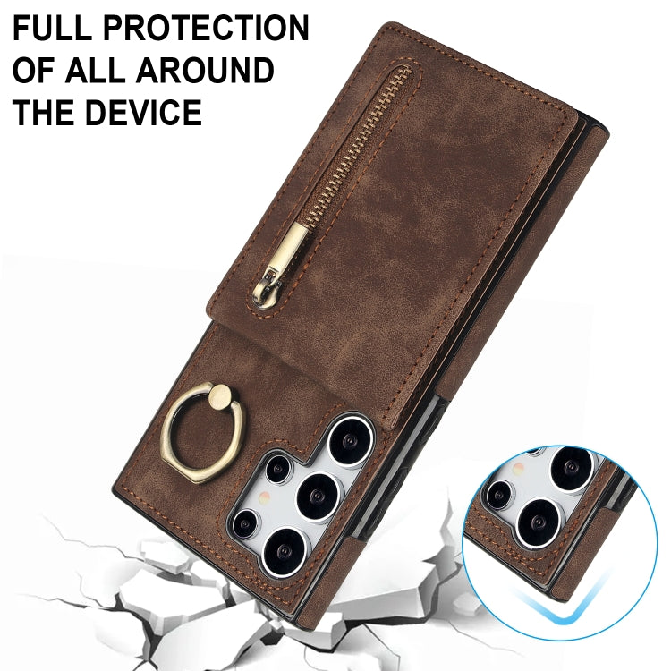 For Samsung Galaxy S24 Ultra 5G Retro Ring and Zipper RFID Card Slot Phone Case(Brown) - HoMEdemic™ 