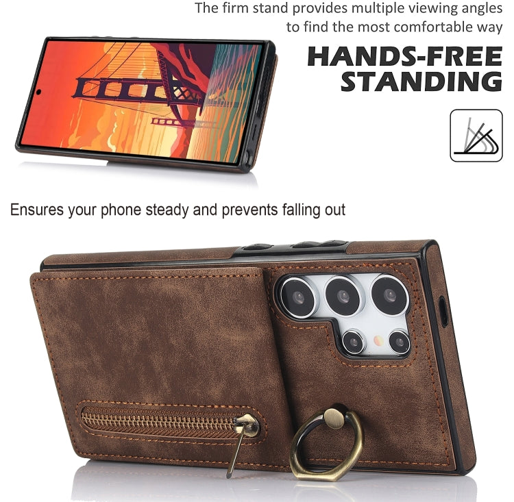 For Samsung Galaxy S24 Ultra 5G Retro Ring and Zipper RFID Card Slot Phone Case(Brown) - HoMEdemic™ 