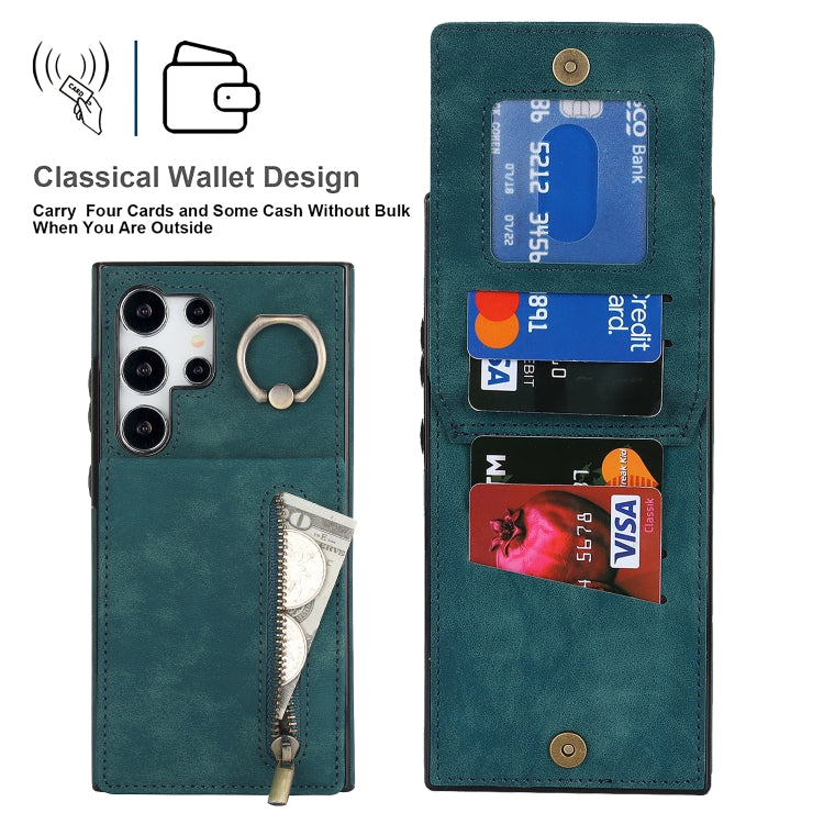 For Samsung Galaxy S24 Ultra 5G Retro Ring and Zipper RFID Card Slot Phone Case(Green) - HoMEdemic™ 