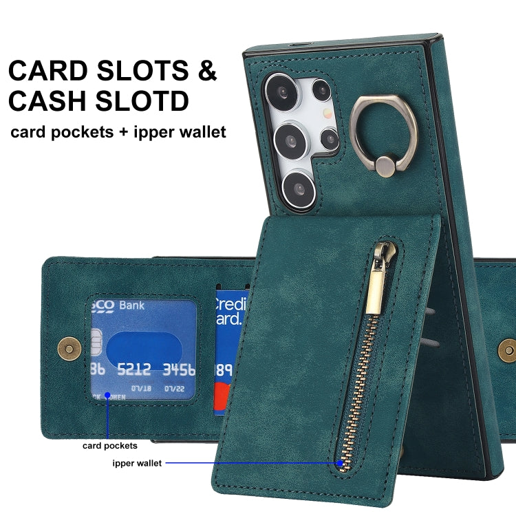 For Samsung Galaxy S24 Ultra 5G Retro Ring and Zipper RFID Card Slot Phone Case(Green) - HoMEdemic™ 