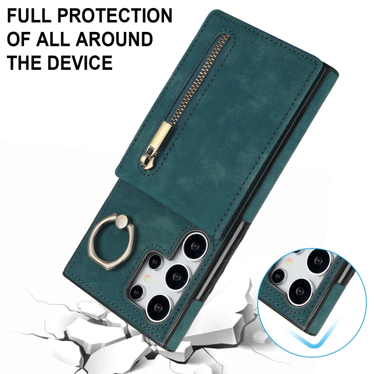 For Samsung Galaxy S24 Ultra 5G Retro Ring and Zipper RFID Card Slot Phone Case(Green) - HoMEdemic™ 