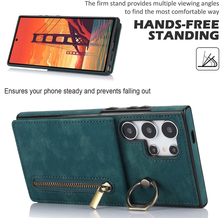 For Samsung Galaxy S24 Ultra 5G Retro Ring and Zipper RFID Card Slot Phone Case(Green) - HoMEdemic™ 