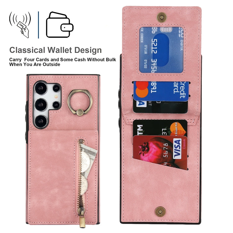 For Samsung Galaxy S24 Ultra 5G Retro Ring and Zipper RFID Card Slot Phone Case(Pink) - HoMEdemic™ 
