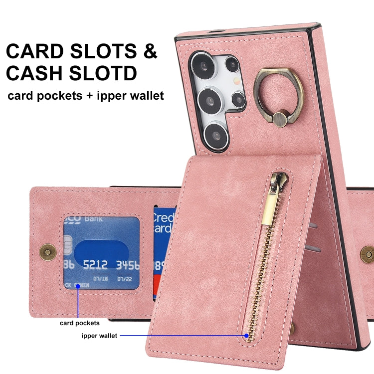 For Samsung Galaxy S24 Ultra 5G Retro Ring and Zipper RFID Card Slot Phone Case(Pink) - HoMEdemic™ 