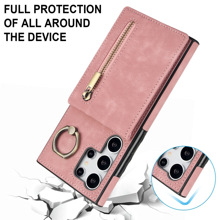 For Samsung Galaxy S24 Ultra 5G Retro Ring and Zipper RFID Card Slot Phone Case(Pink) - HoMEdemic™ 