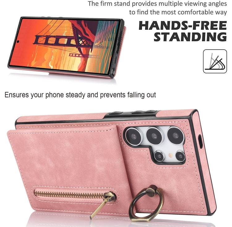 For Samsung Galaxy S24 Ultra 5G Retro Ring and Zipper RFID Card Slot Phone Case(Pink) - HoMEdemic™ 