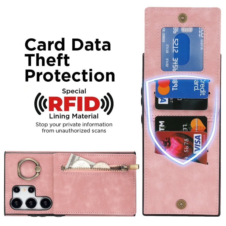 For Samsung Galaxy S24 Ultra 5G Retro Ring and Zipper RFID Card Slot Phone Case(Pink) - HoMEdemic™ 