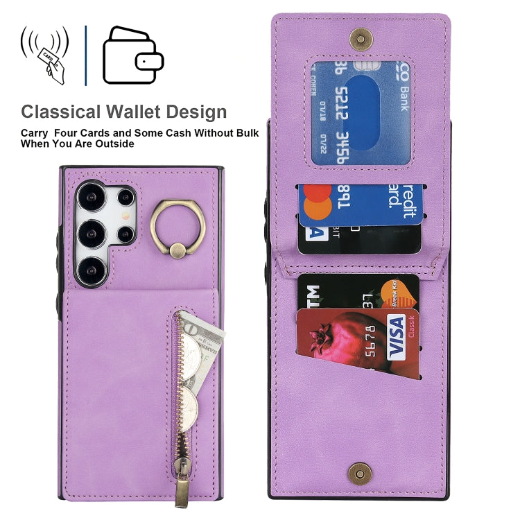 For Samsung Galaxy S24 Ultra 5G Retro Ring and Zipper RFID Card Slot Phone Case(Purple) - HoMEdemic™ 